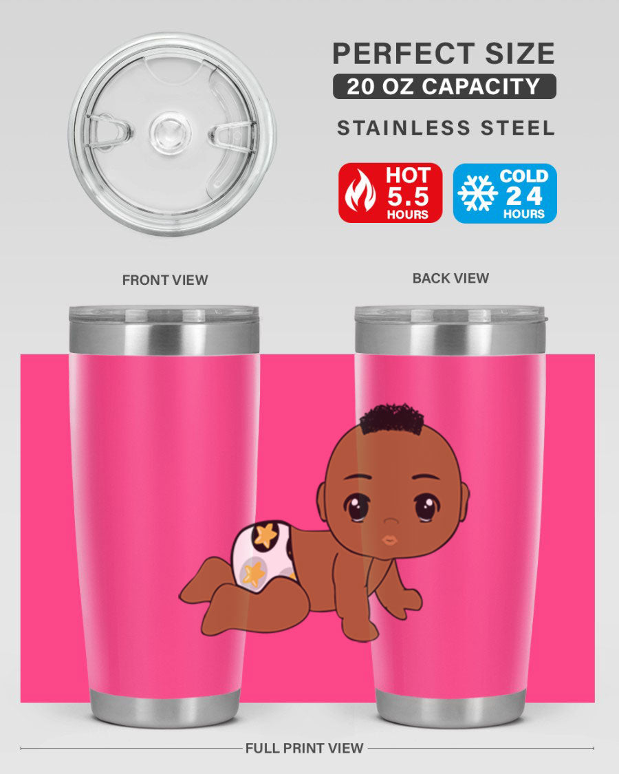 Black baby boy tumbler made of stainless steel with a sleek design, featuring a drink-thru lid and vibrant print.