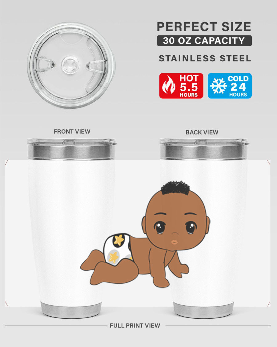 Black baby boy tumbler made of stainless steel with a sleek design, featuring a drink-thru lid and vibrant print.