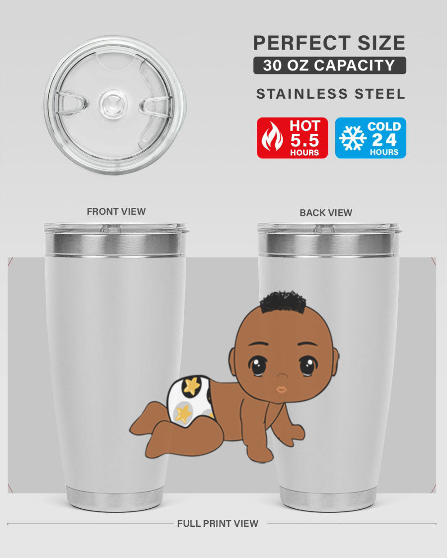 Black baby boy tumbler made of stainless steel with a sleek design, featuring a drink-thru lid and vibrant print.