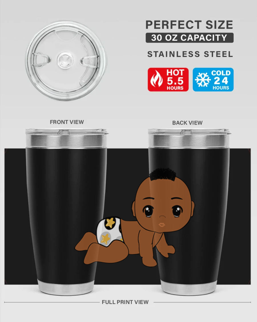 Black baby boy tumbler made of stainless steel with a sleek design, featuring a drink-thru lid and vibrant print.