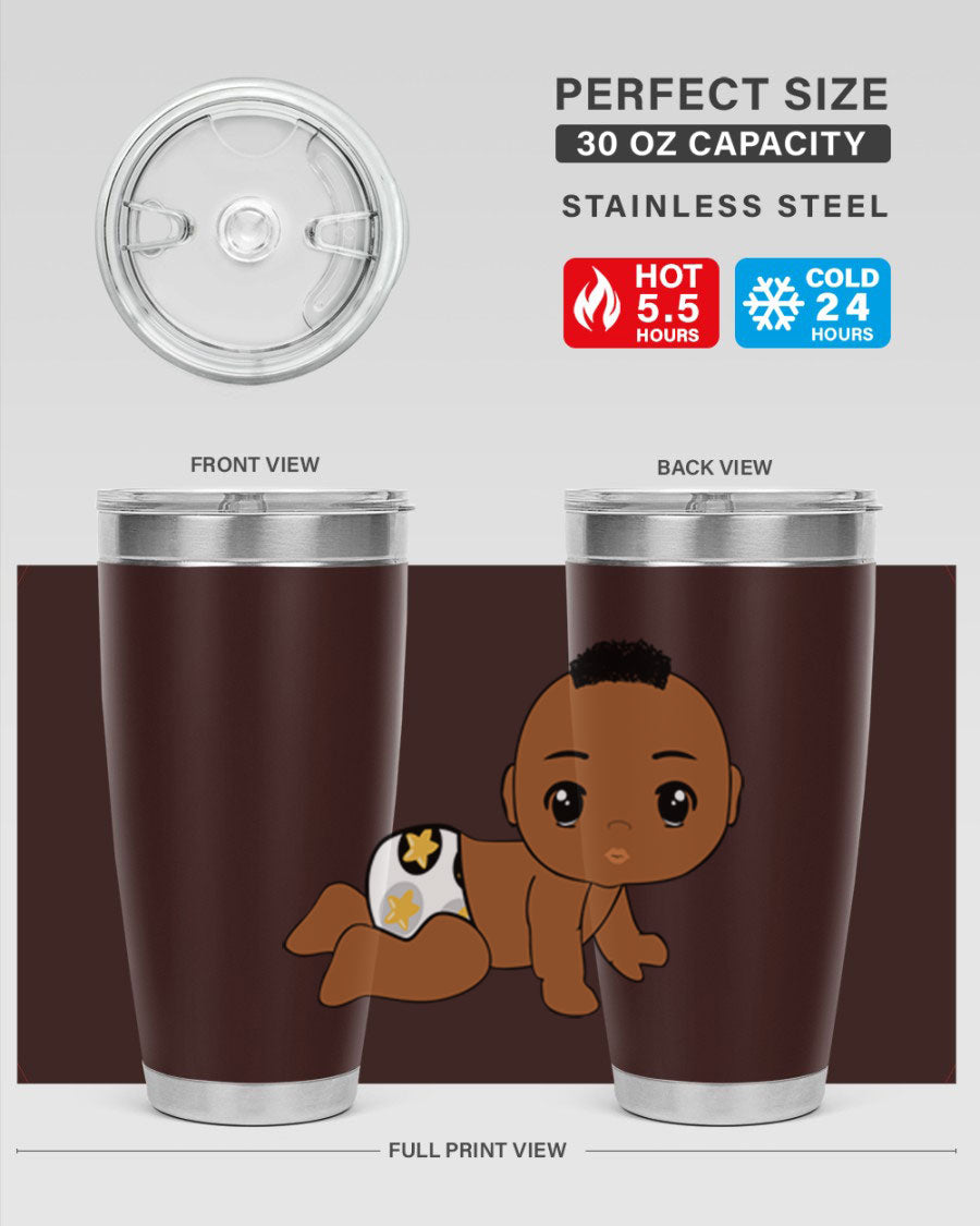 Black baby boy tumbler made of stainless steel with a sleek design, featuring a drink-thru lid and vibrant print.