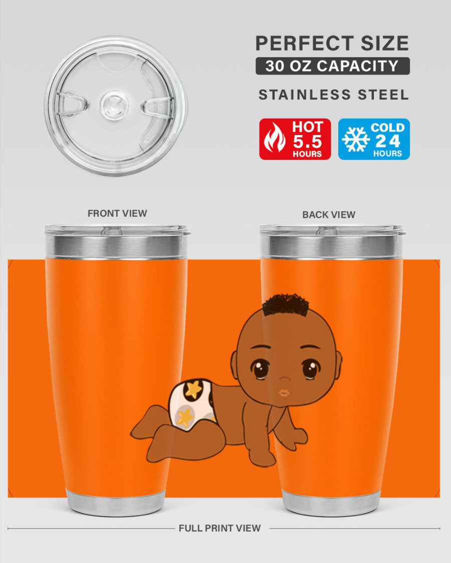 Black baby boy tumbler made of stainless steel with a sleek design, featuring a drink-thru lid and vibrant print.