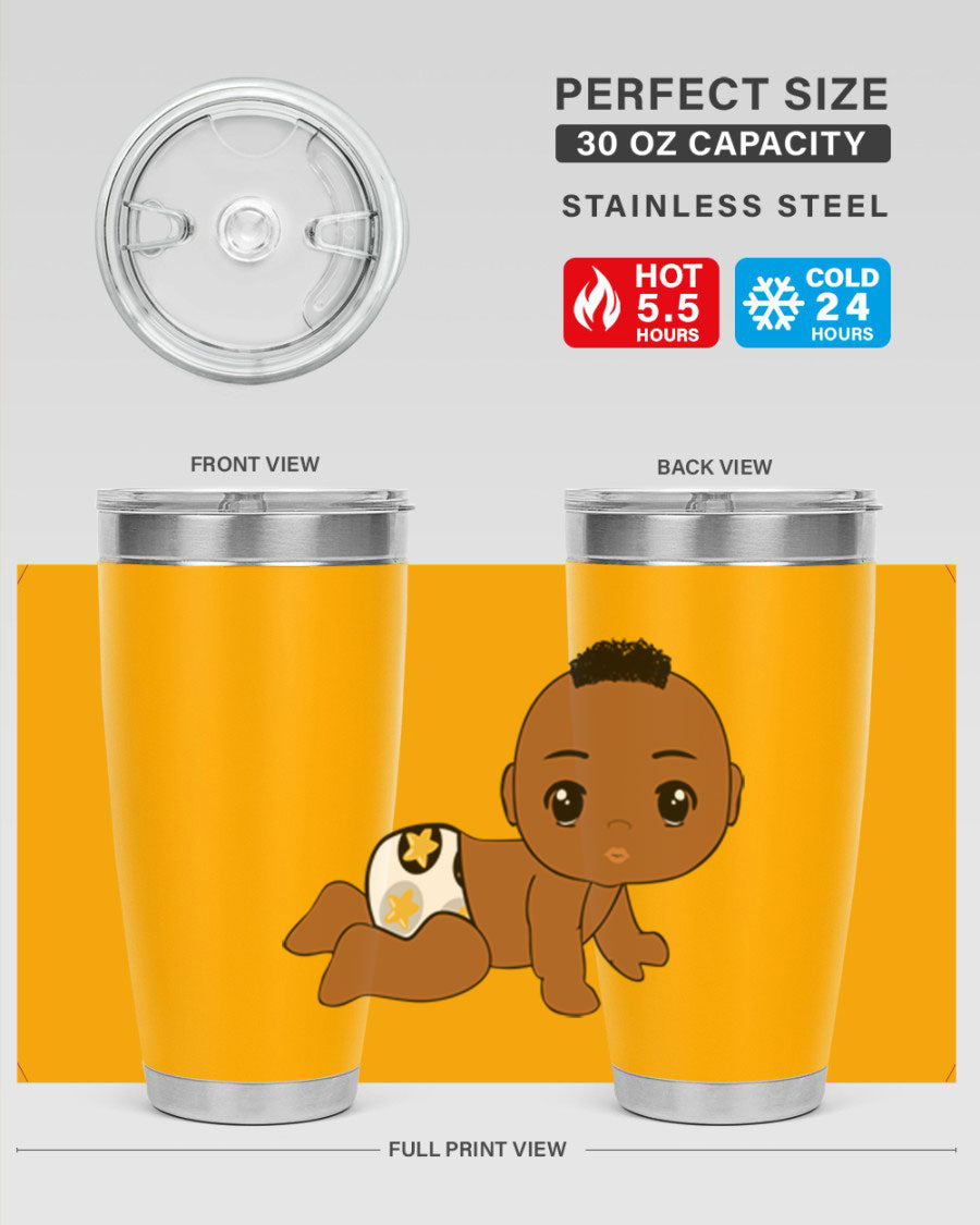 Black baby boy tumbler made of stainless steel with a sleek design, featuring a drink-thru lid and vibrant print.
