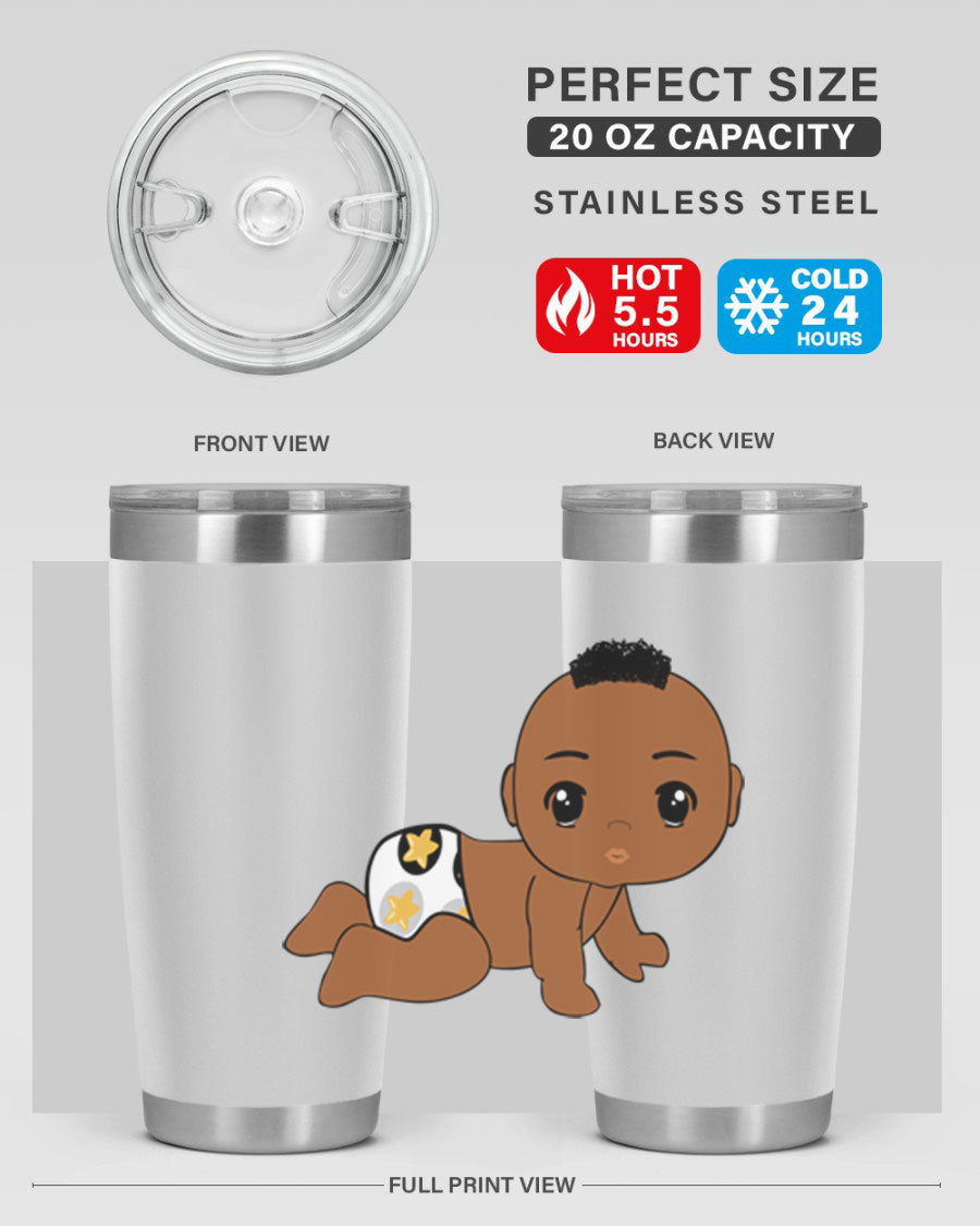 Black baby boy tumbler made of stainless steel with a sleek design, featuring a drink-thru lid and vibrant print.