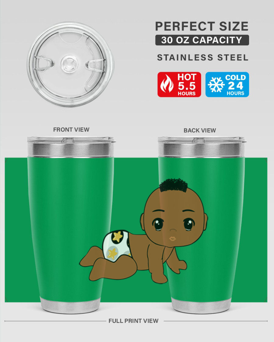 Black baby boy tumbler made of stainless steel with a sleek design, featuring a drink-thru lid and vibrant print.