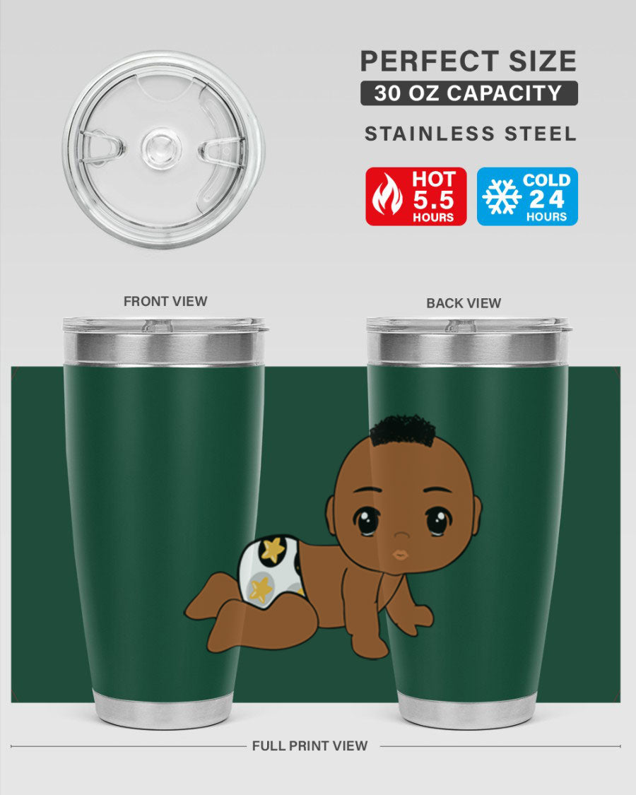 Black baby boy tumbler made of stainless steel with a sleek design, featuring a drink-thru lid and vibrant print.
