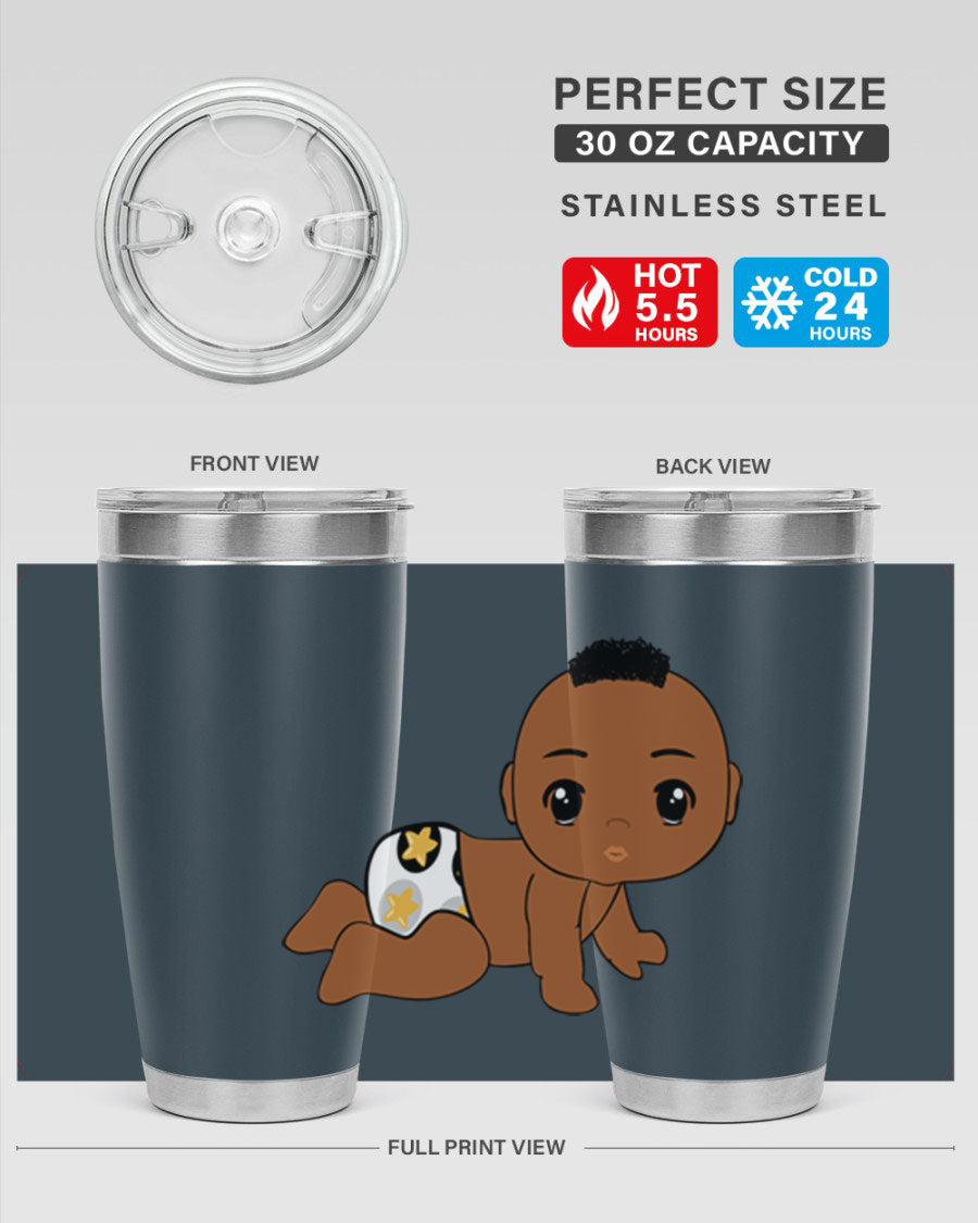 Black baby boy tumbler made of stainless steel with a sleek design, featuring a drink-thru lid and vibrant print.