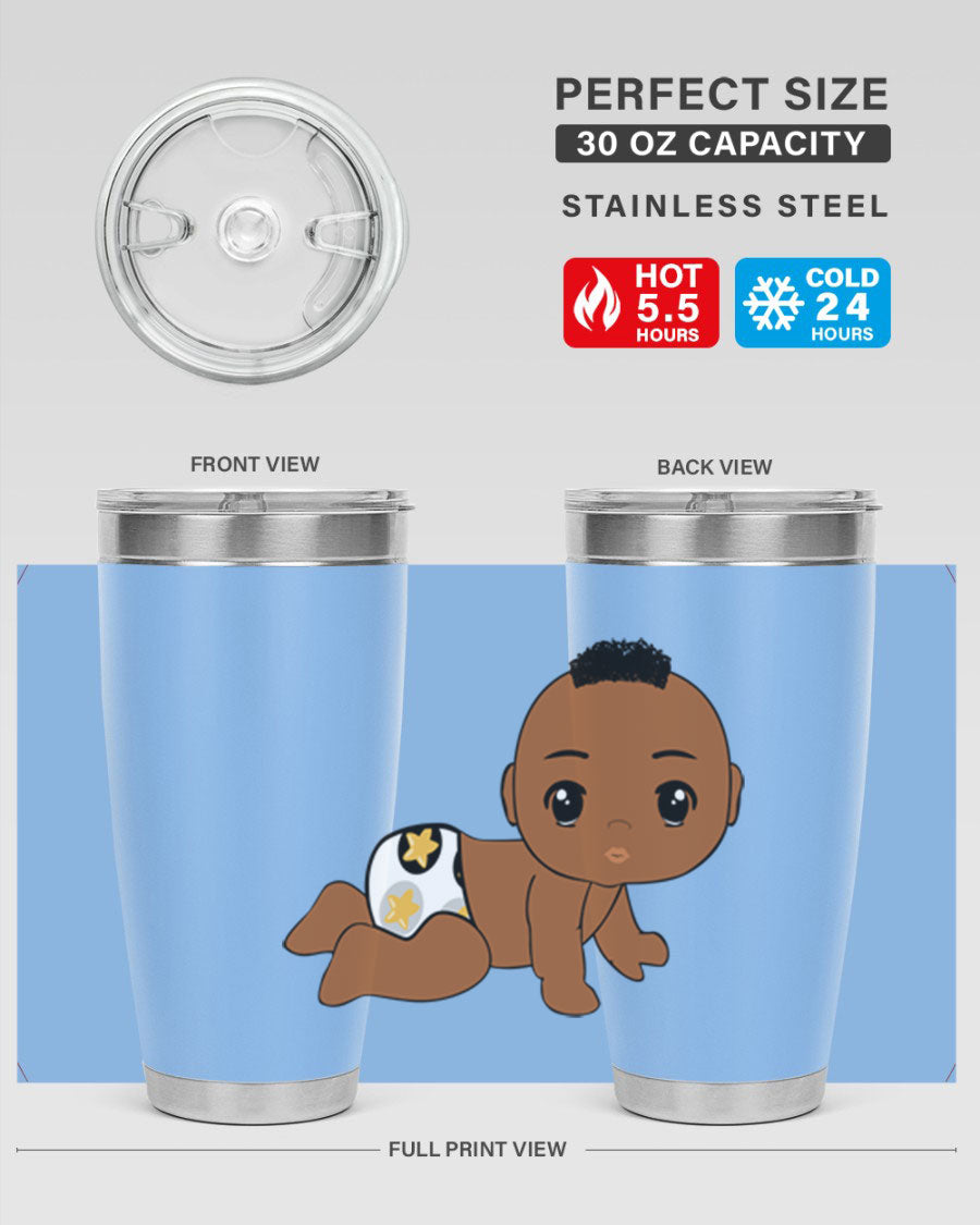 Black baby boy tumbler made of stainless steel with a sleek design, featuring a drink-thru lid and vibrant print.