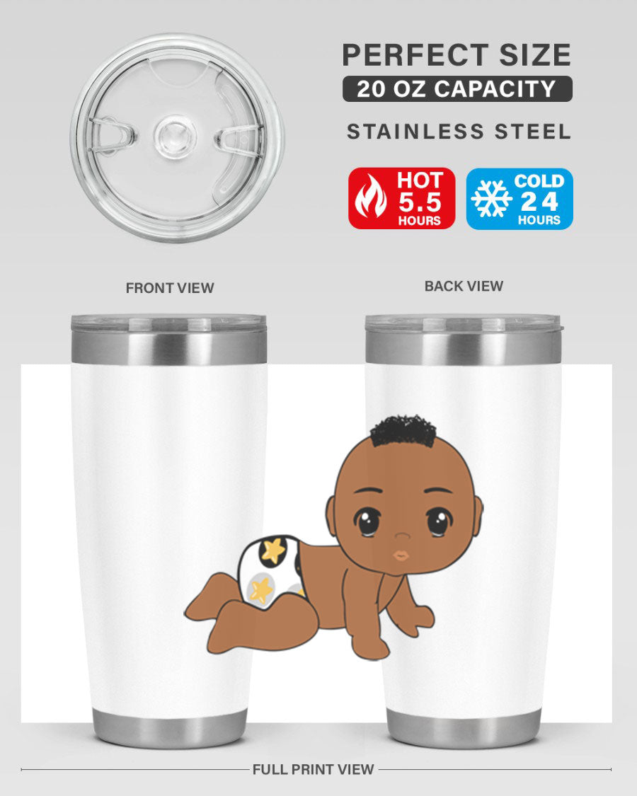 Black baby boy tumbler made of stainless steel with a sleek design, featuring a drink-thru lid and vibrant print.