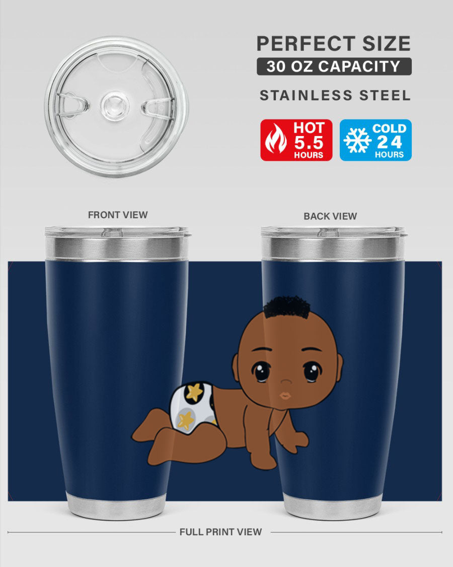 Black baby boy tumbler made of stainless steel with a sleek design, featuring a drink-thru lid and vibrant print.