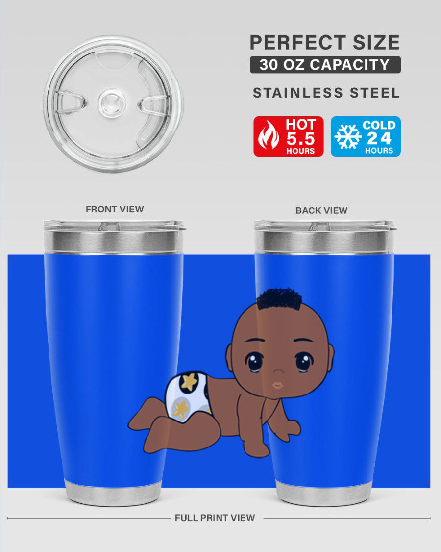 Black baby boy tumbler made of stainless steel with a sleek design, featuring a drink-thru lid and vibrant print.