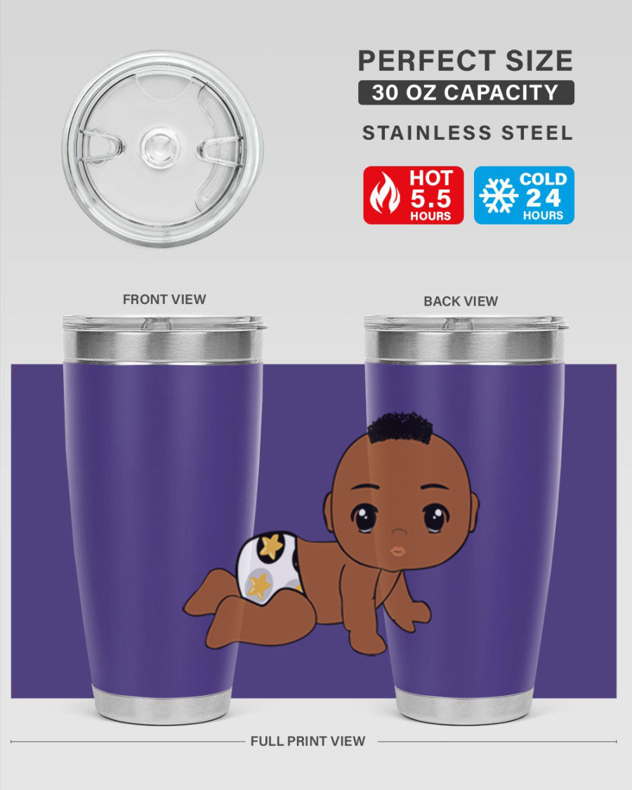 Black baby boy tumbler made of stainless steel with a sleek design, featuring a drink-thru lid and vibrant print.