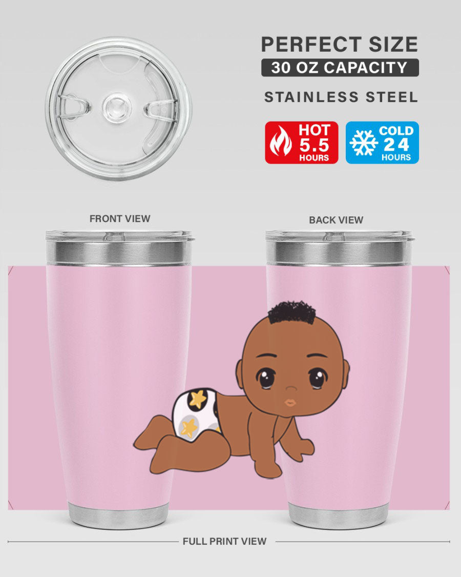 Black baby boy tumbler made of stainless steel with a sleek design, featuring a drink-thru lid and vibrant print.