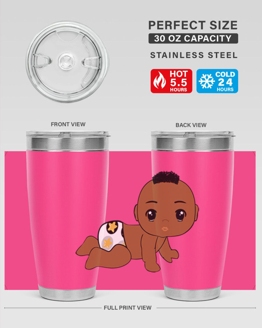 Black baby boy tumbler made of stainless steel with a sleek design, featuring a drink-thru lid and vibrant print.