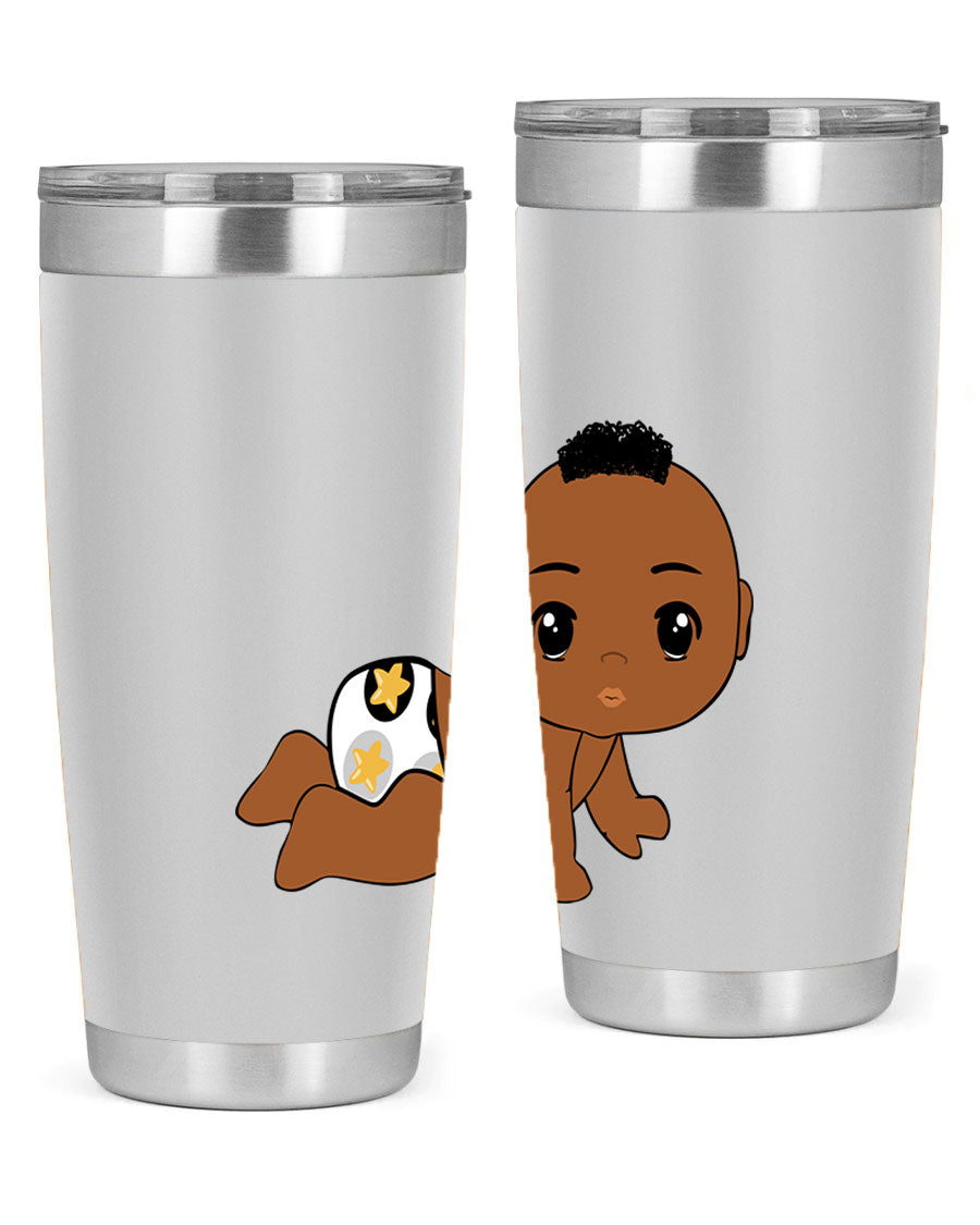 Black baby boy tumbler made of stainless steel with a sleek design, featuring a drink-thru lid and vibrant print.