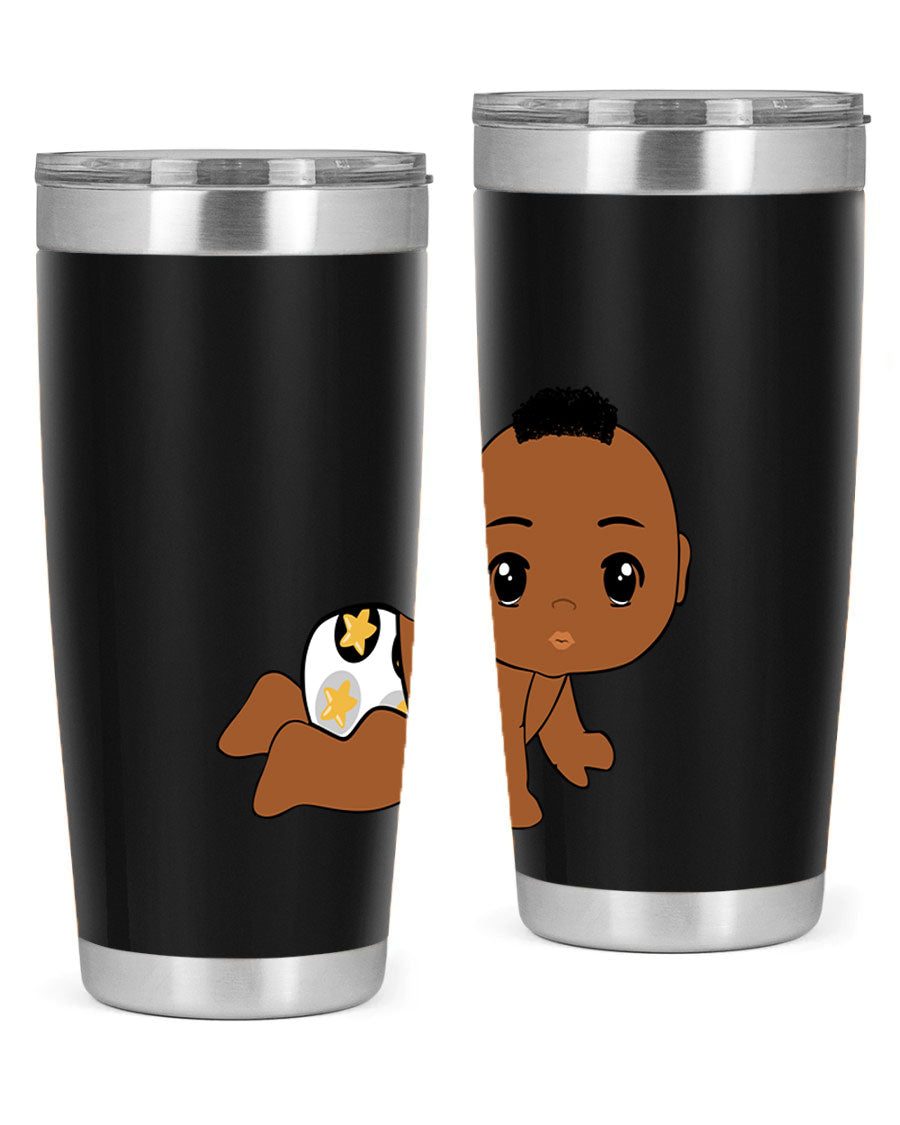 Black baby boy tumbler made of stainless steel with a sleek design, featuring a drink-thru lid and vibrant print.