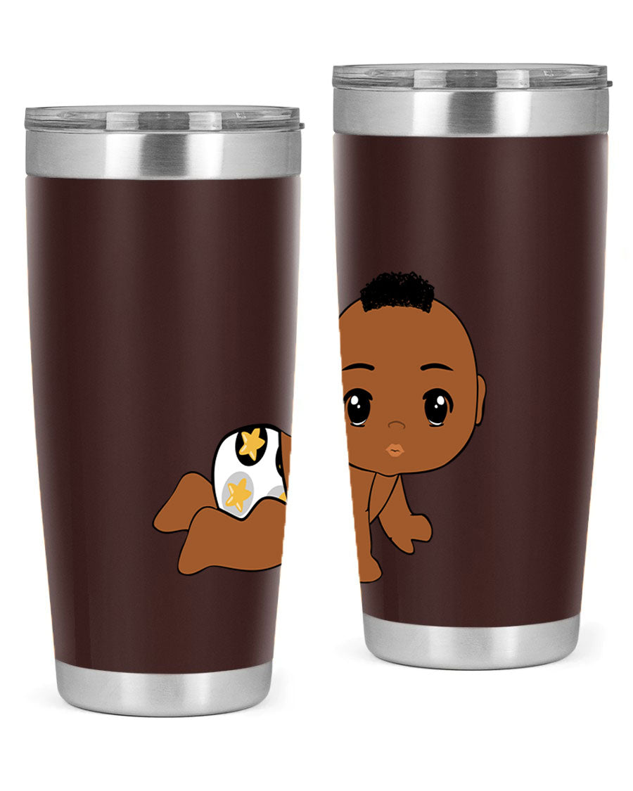 Black baby boy tumbler made of stainless steel with a sleek design, featuring a drink-thru lid and vibrant print.