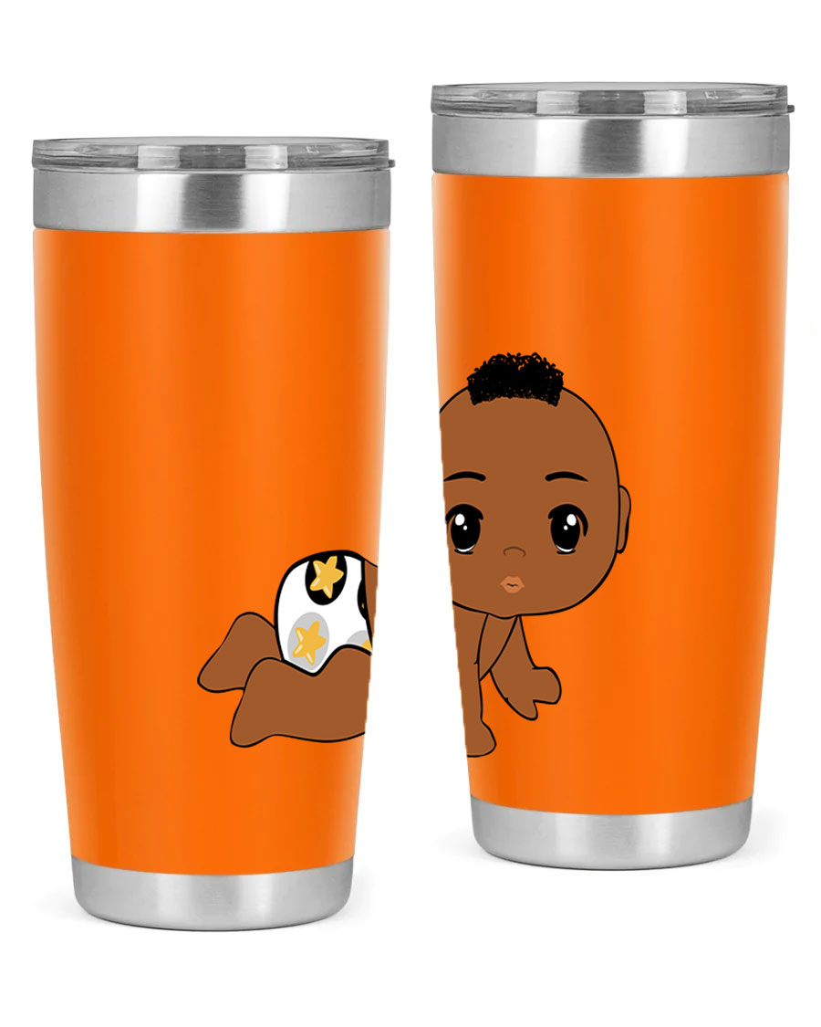 Black baby boy tumbler made of stainless steel with a sleek design, featuring a drink-thru lid and vibrant print.