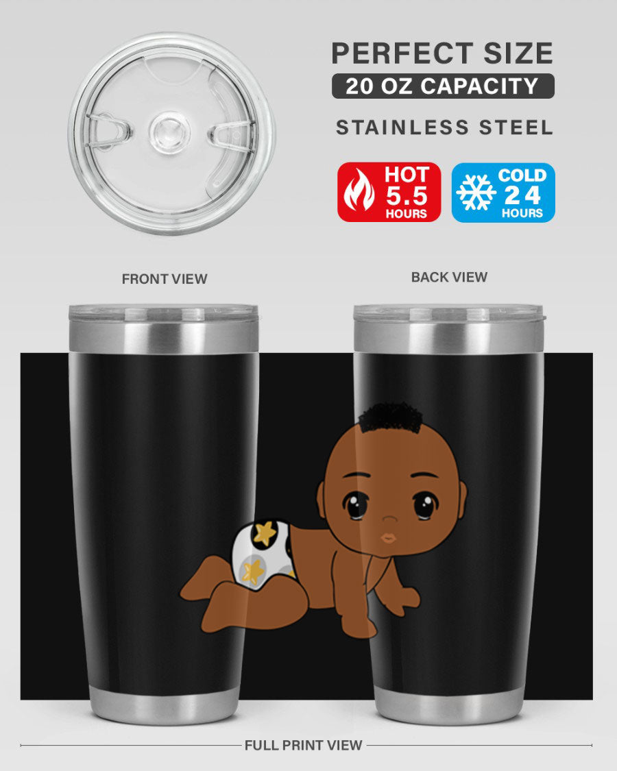 Black baby boy tumbler made of stainless steel with a sleek design, featuring a drink-thru lid and vibrant print.