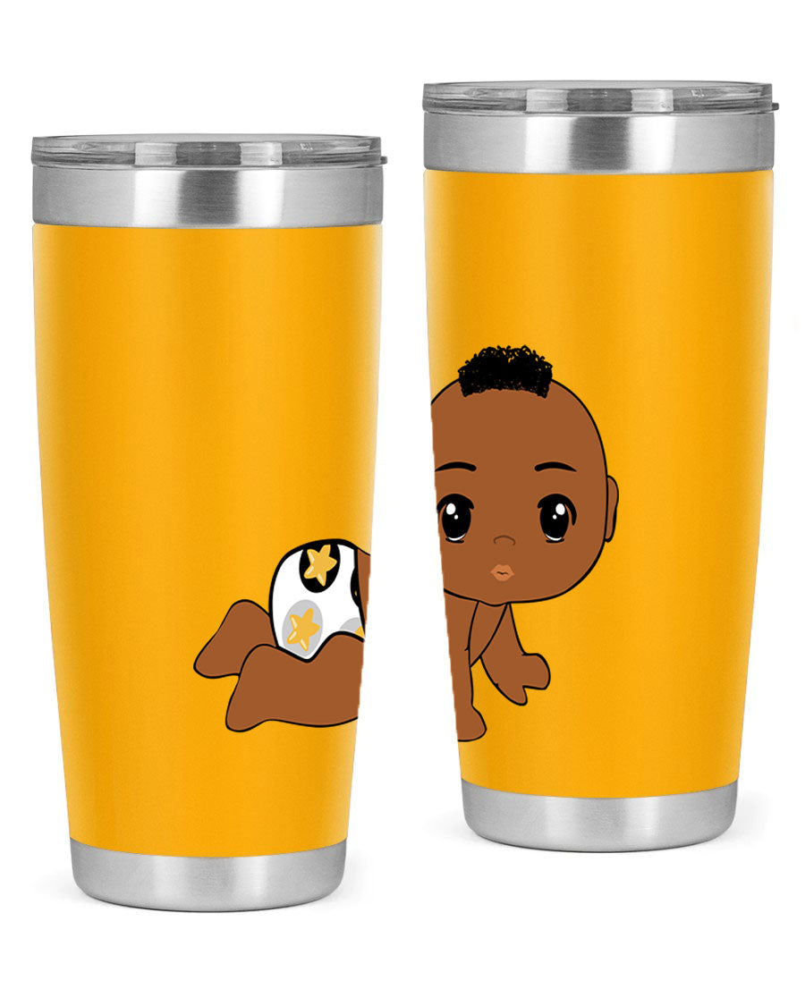 Black baby boy tumbler made of stainless steel with a sleek design, featuring a drink-thru lid and vibrant print.
