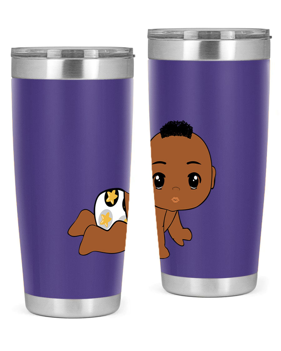 Black baby boy tumbler made of stainless steel with a sleek design, featuring a drink-thru lid and vibrant print.