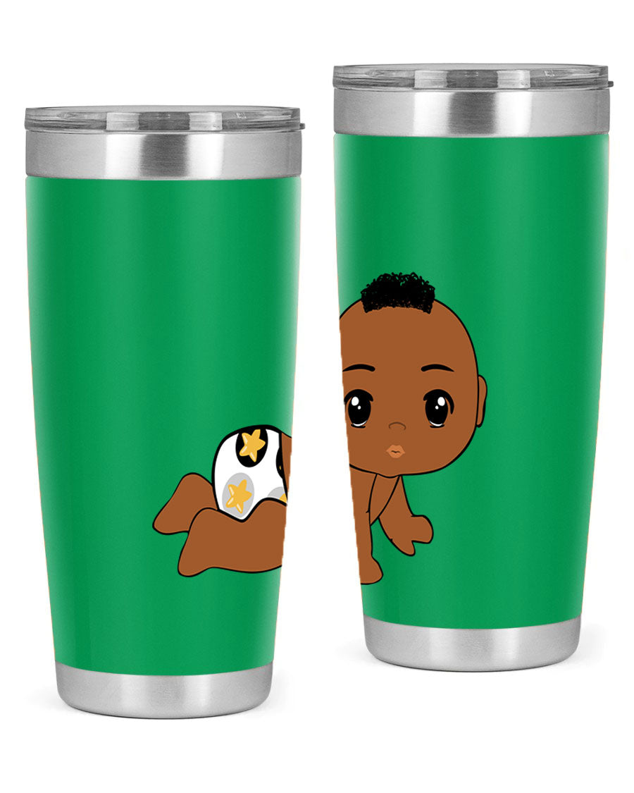 Black baby boy tumbler made of stainless steel with a sleek design, featuring a drink-thru lid and vibrant print.