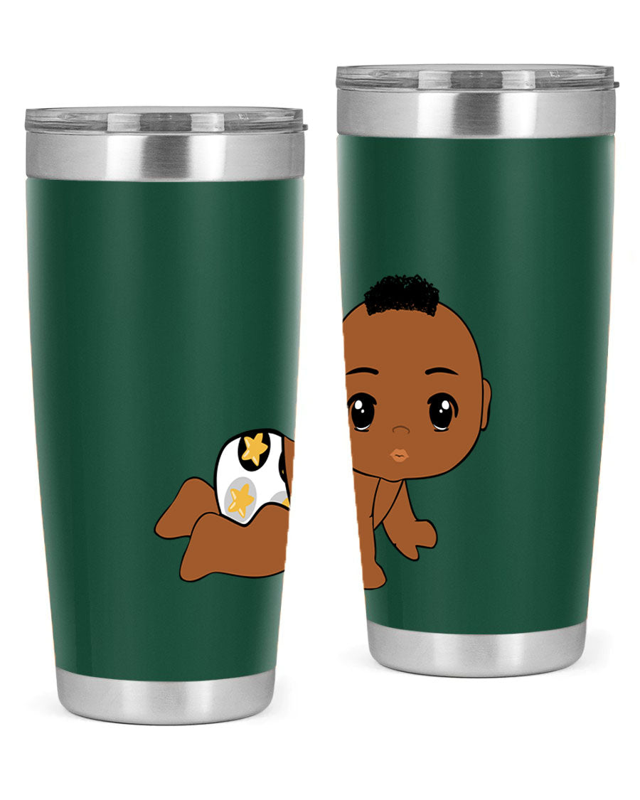 Black baby boy tumbler made of stainless steel with a sleek design, featuring a drink-thru lid and vibrant print.