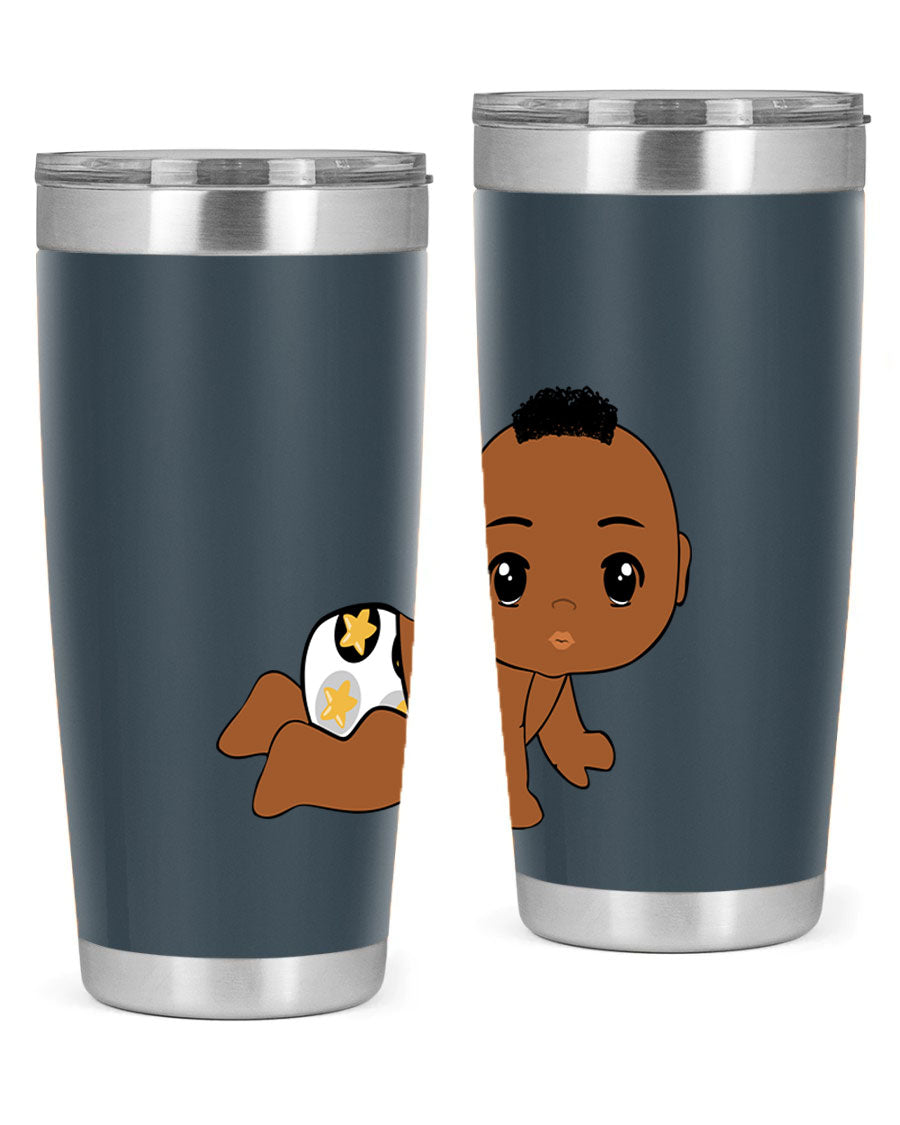 Black baby boy tumbler made of stainless steel with a sleek design, featuring a drink-thru lid and vibrant print.