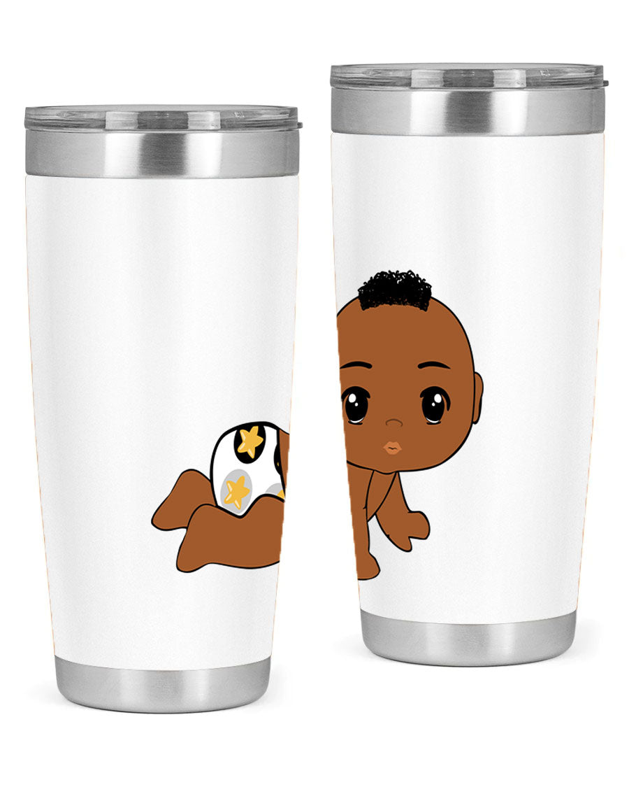 Black baby boy tumbler made of stainless steel with a sleek design, featuring a drink-thru lid and vibrant print.