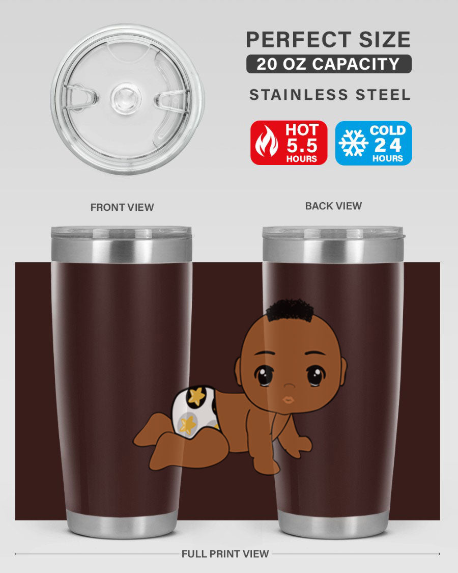 Black baby boy tumbler made of stainless steel with a sleek design, featuring a drink-thru lid and vibrant print.