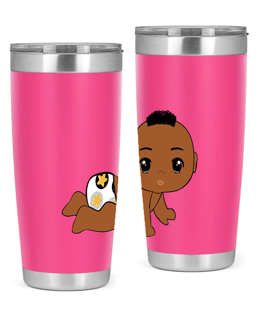 Black baby boy tumbler made of stainless steel with a sleek design, featuring a drink-thru lid and vibrant print.