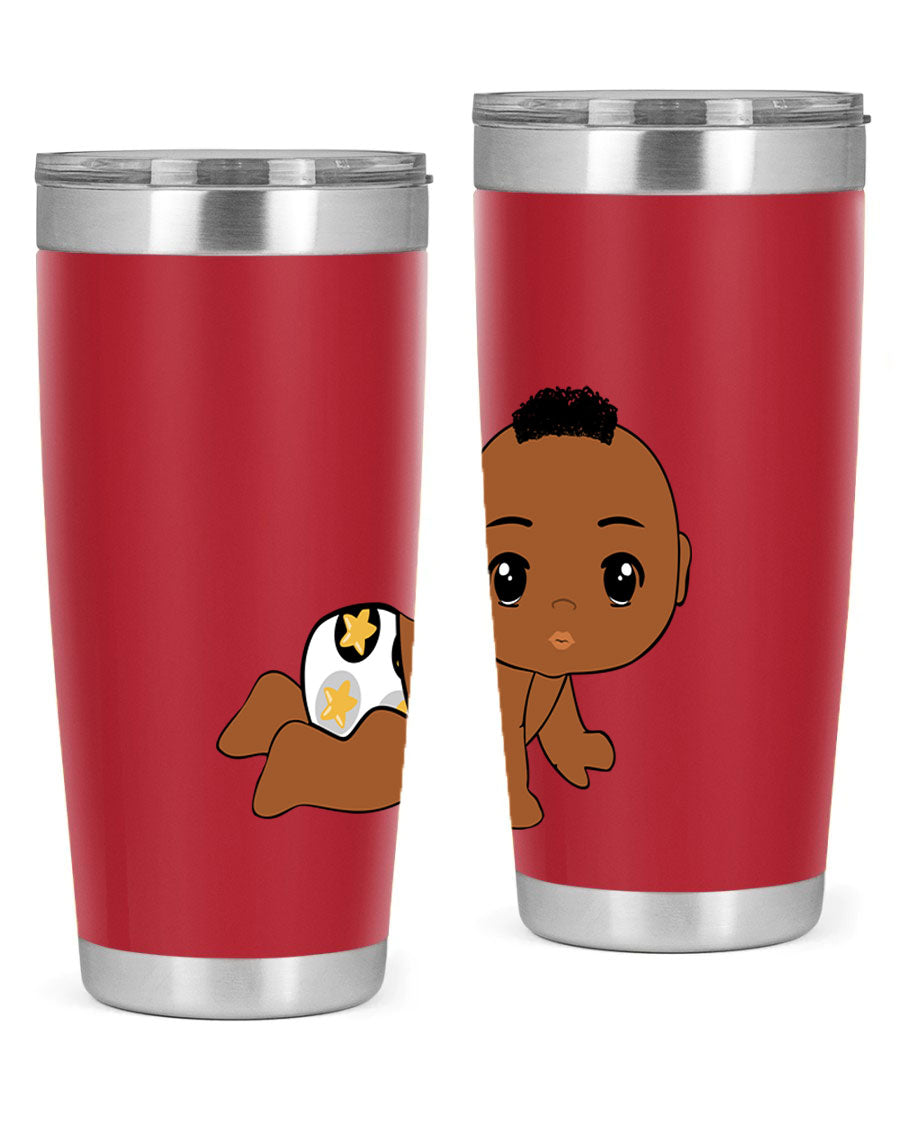 Black baby boy tumbler made of stainless steel with a sleek design, featuring a drink-thru lid and vibrant print.