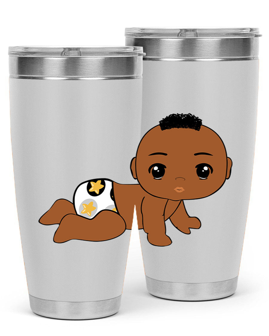 Black baby boy tumbler made of stainless steel with a sleek design, featuring a drink-thru lid and vibrant print.