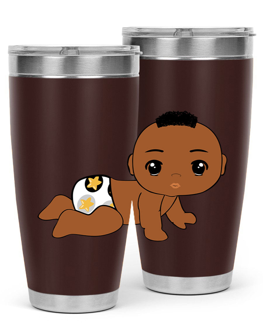 Black baby boy tumbler made of stainless steel with a sleek design, featuring a drink-thru lid and vibrant print.