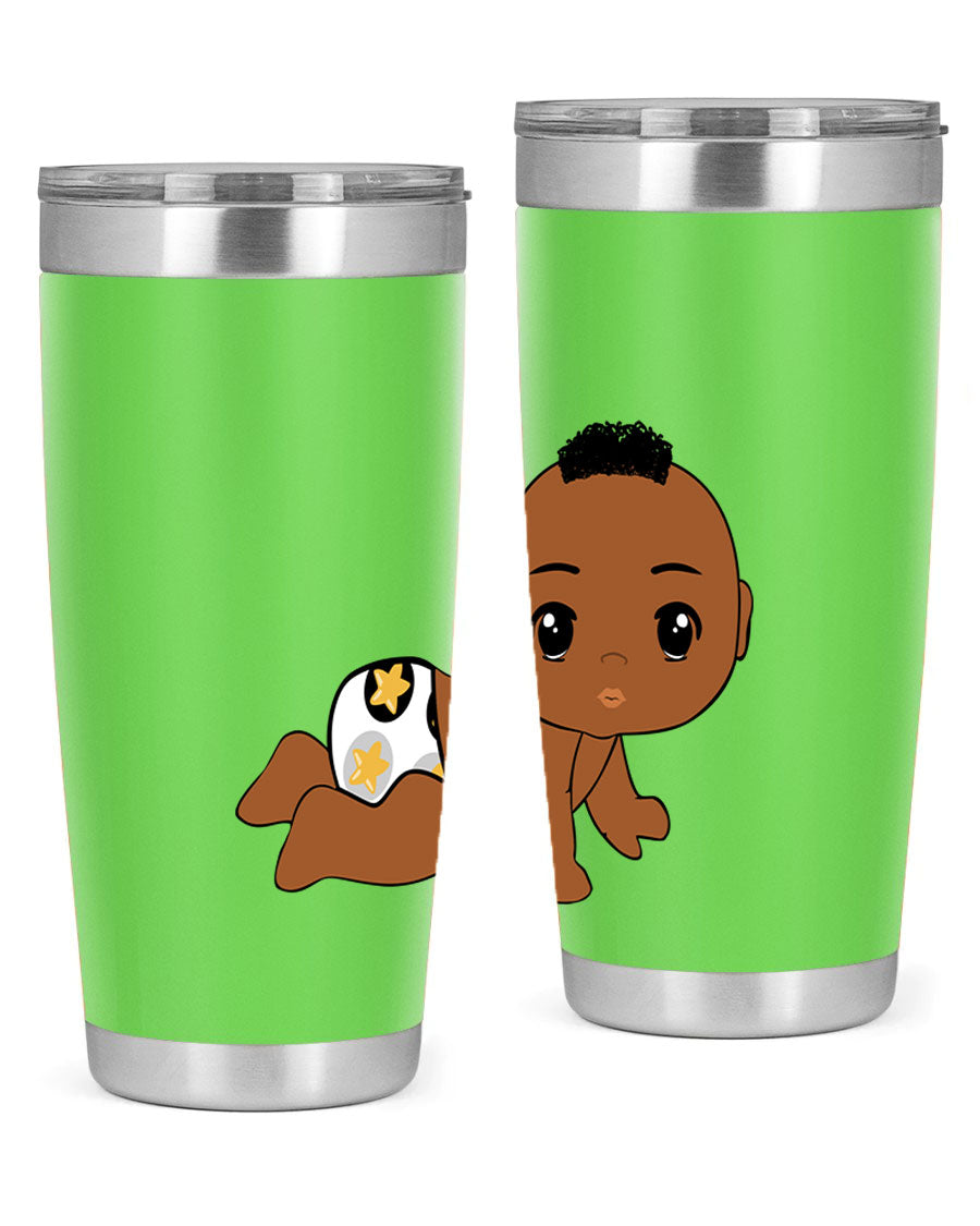 Black baby boy tumbler made of stainless steel with a sleek design, featuring a drink-thru lid and vibrant print.