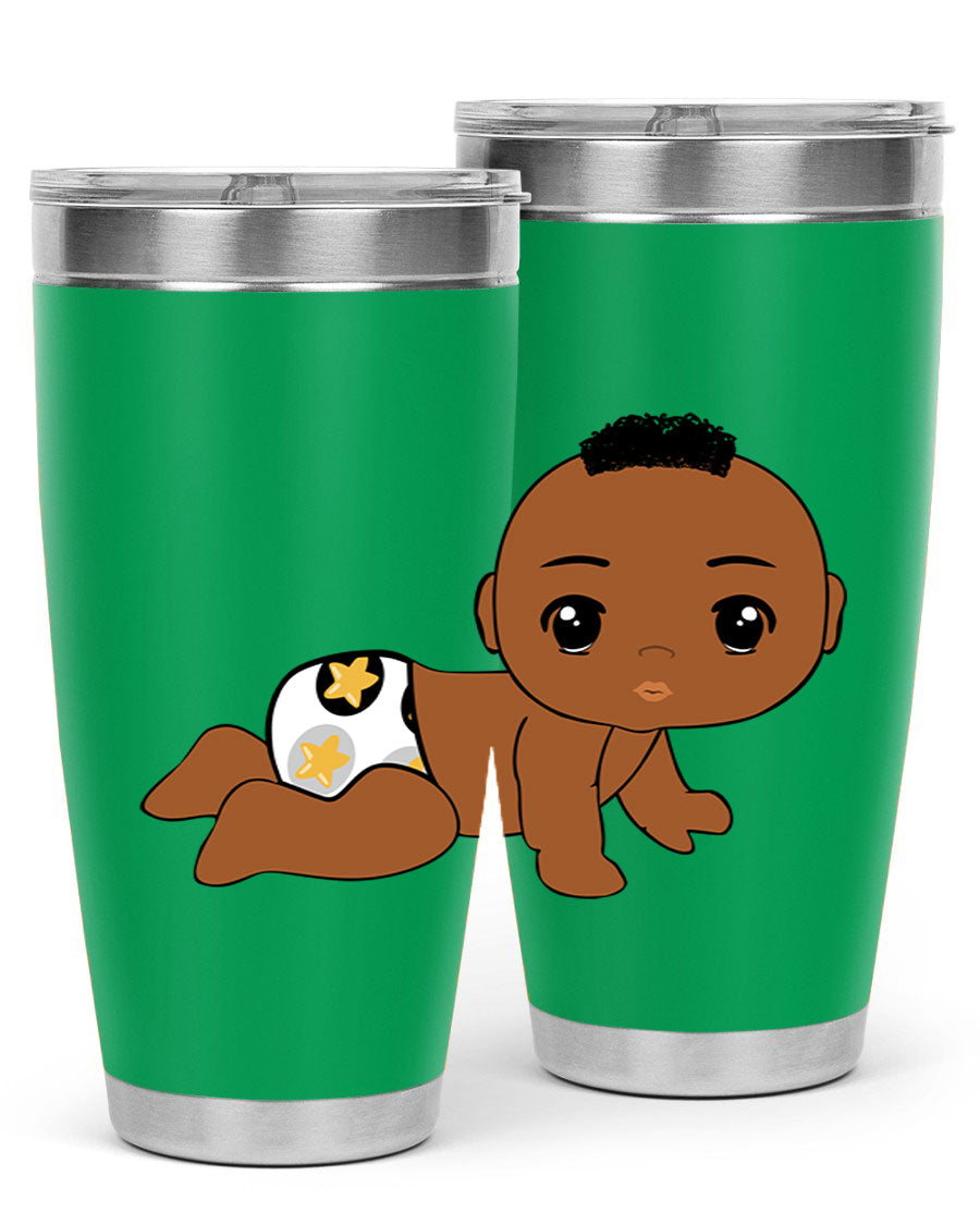 Black baby boy tumbler made of stainless steel with a sleek design, featuring a drink-thru lid and vibrant print.