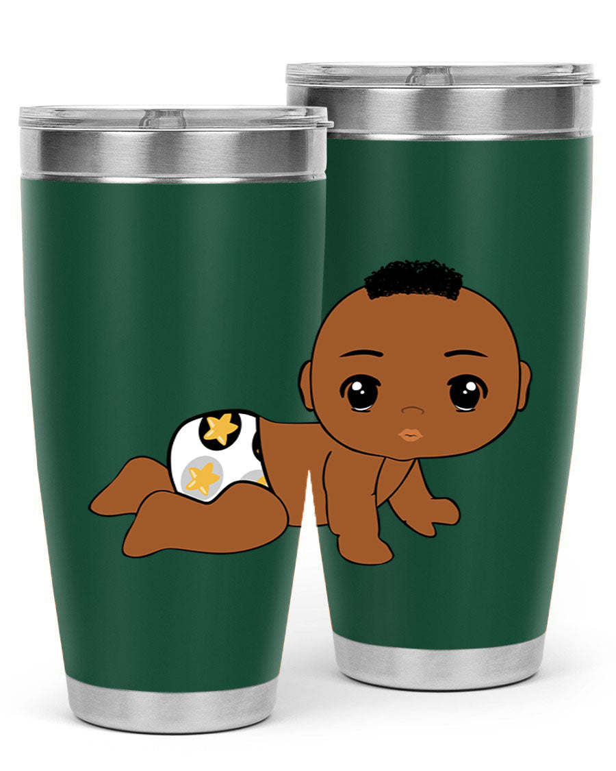 Black baby boy tumbler made of stainless steel with a sleek design, featuring a drink-thru lid and vibrant print.