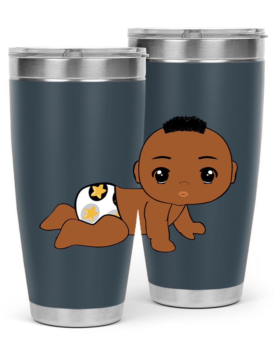 Black baby boy tumbler made of stainless steel with a sleek design, featuring a drink-thru lid and vibrant print.