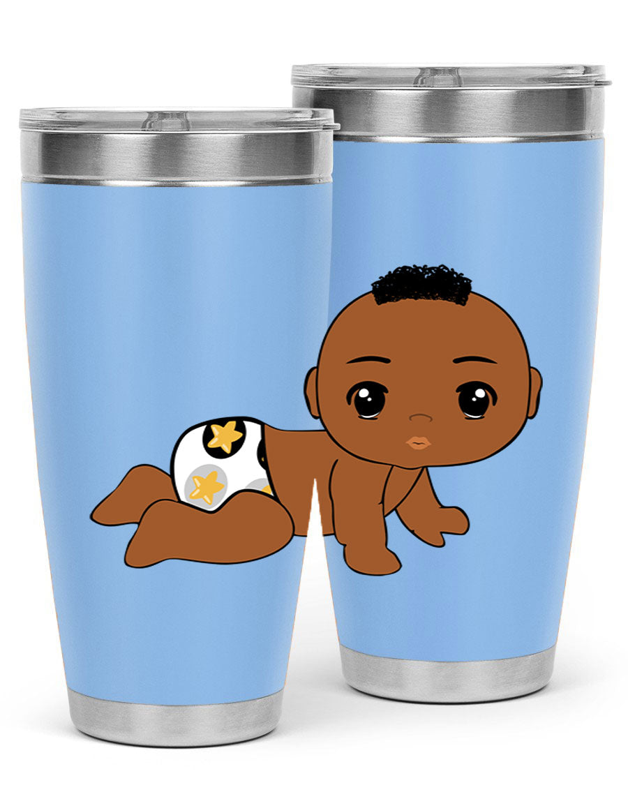 Black baby boy tumbler made of stainless steel with a sleek design, featuring a drink-thru lid and vibrant print.