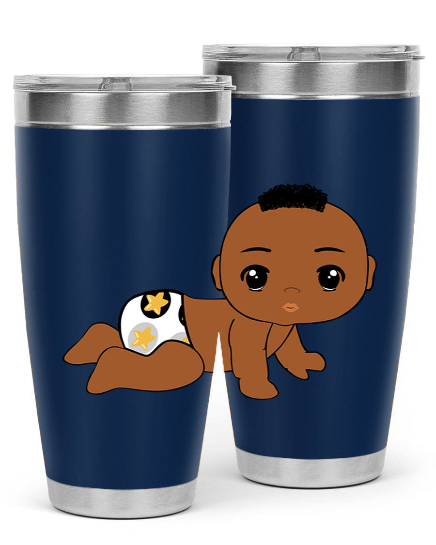 Black baby boy tumbler made of stainless steel with a sleek design, featuring a drink-thru lid and vibrant print.