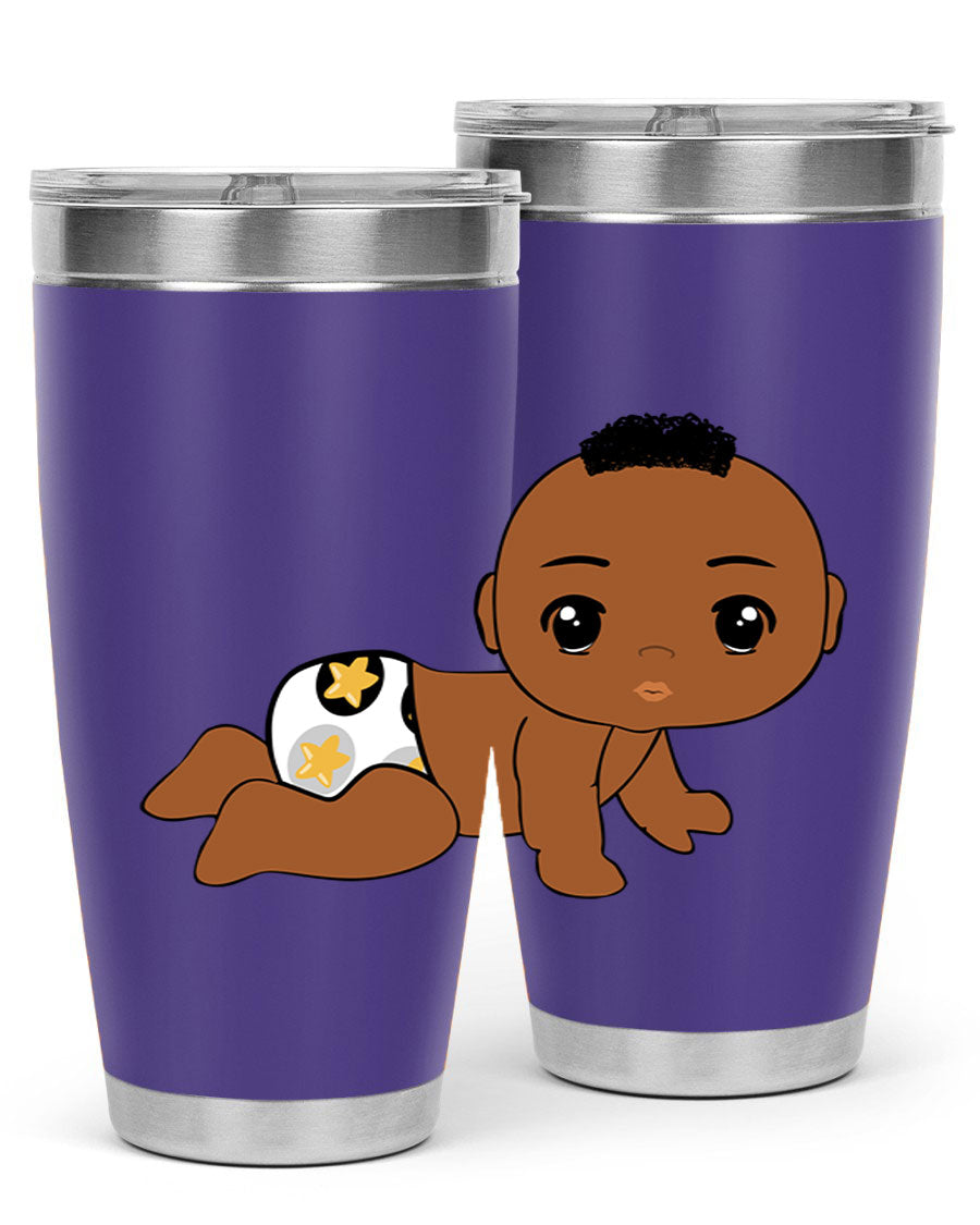 Black baby boy tumbler made of stainless steel with a sleek design, featuring a drink-thru lid and vibrant print.