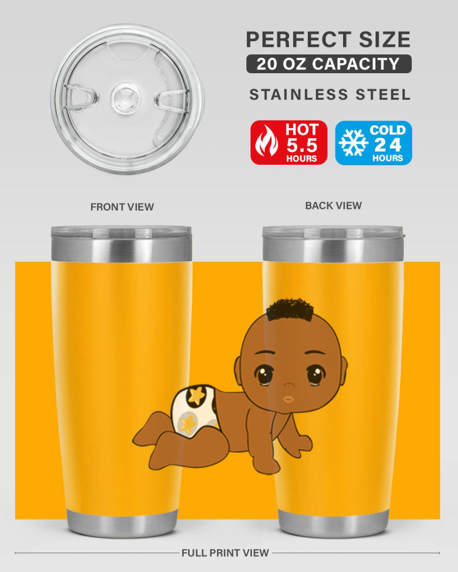 Black baby boy tumbler made of stainless steel with a sleek design, featuring a drink-thru lid and vibrant print.