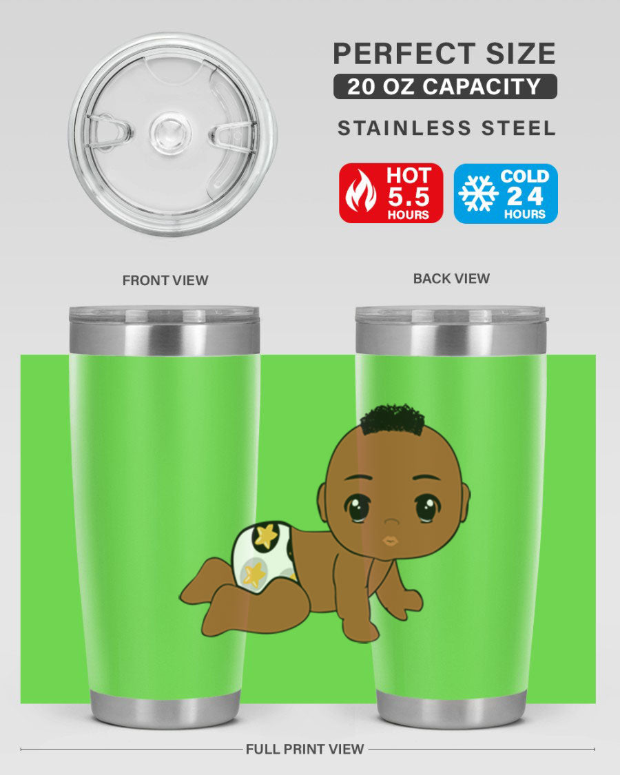 Black baby boy tumbler made of stainless steel with a sleek design, featuring a drink-thru lid and vibrant print.