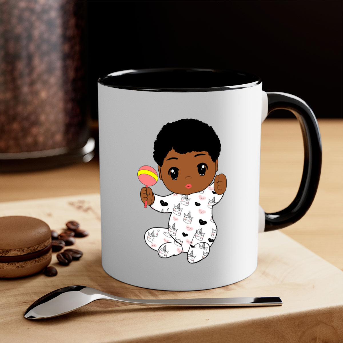 Black baby boy 7# Mug featuring a glossy finish with a colored handle and interior, available in multiple colors.
