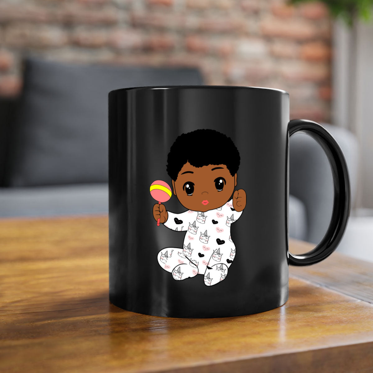 Black baby boy 7# Mug featuring a glossy finish with a colored handle and interior, available in multiple colors.