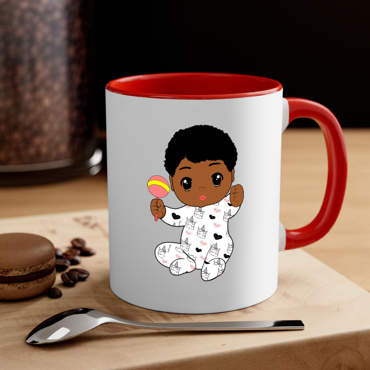 Black baby boy 7# Mug featuring a glossy finish with a colored handle and interior, available in multiple colors.