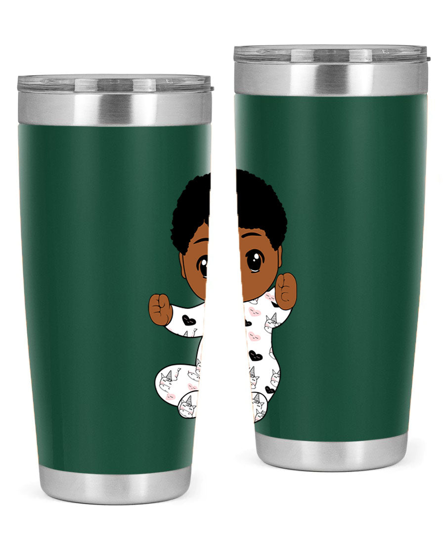 Black baby boy tumbler made of stainless steel with a sleek design, perfect for hot and cold beverages.