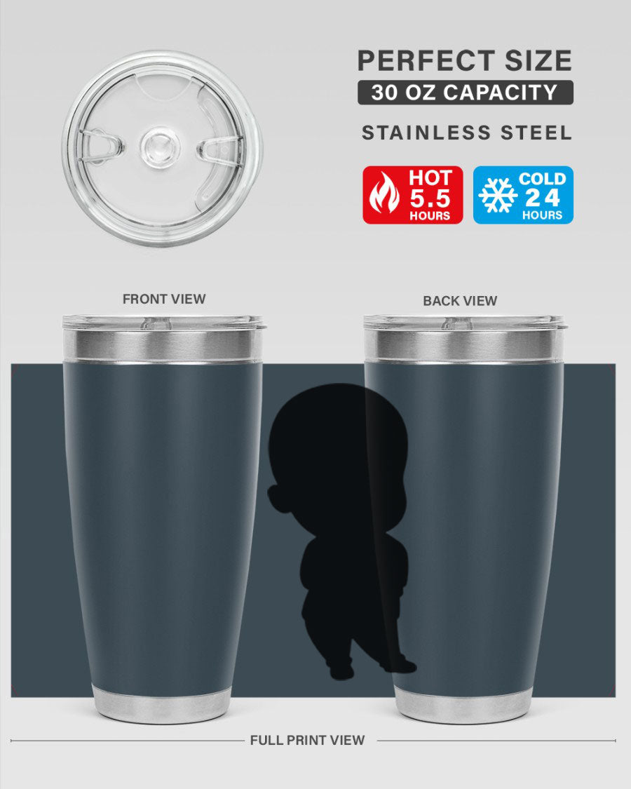Black boy 14# tumbler, 20oz stainless steel with double wall vacuum insulation, featuring a press-in drink-thru lid.