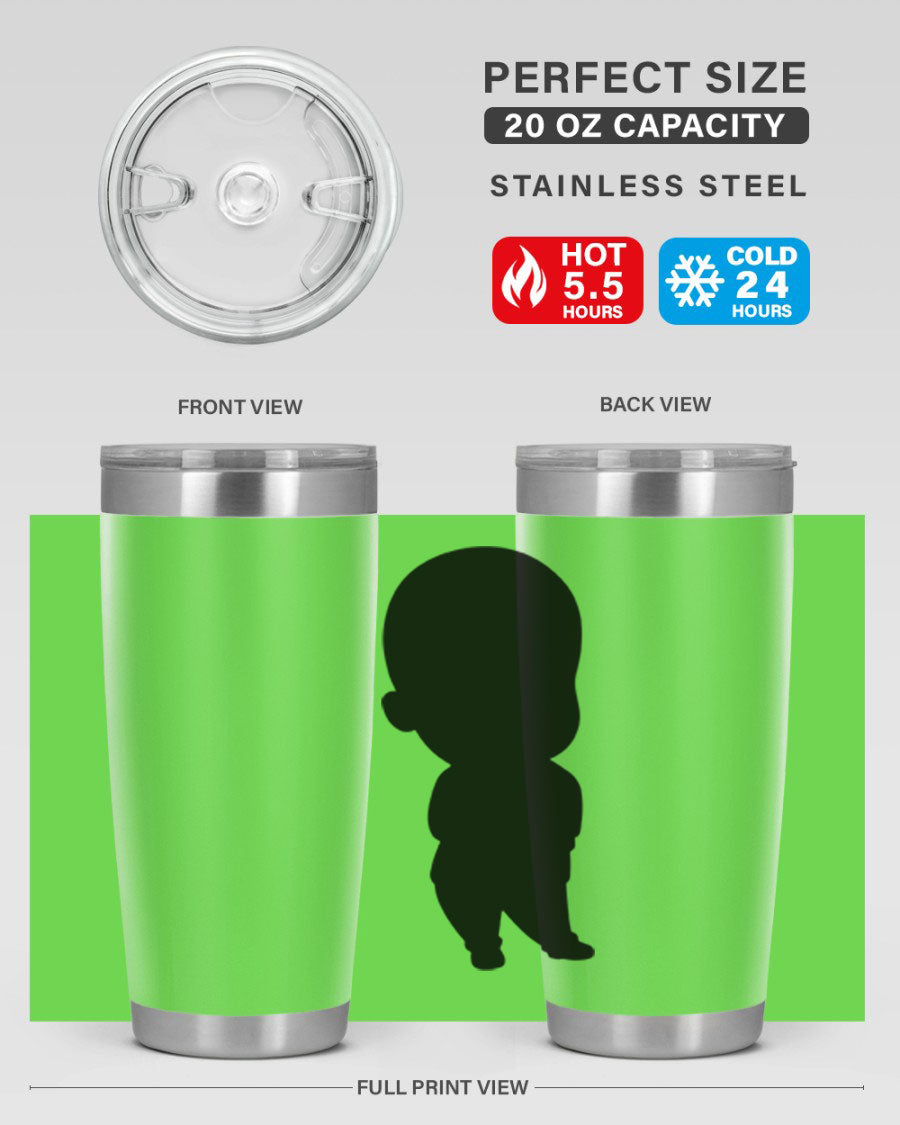 Black boy 14# tumbler, 20oz stainless steel with double wall vacuum insulation, featuring a press-in drink-thru lid.
