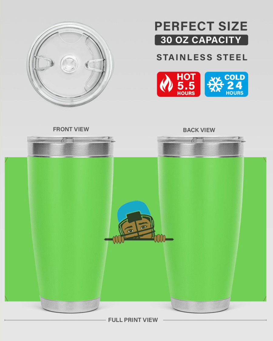 Black boy tumbler in 20oz and 30oz sizes, showcasing double wall vacuum stainless steel design with copper lining.